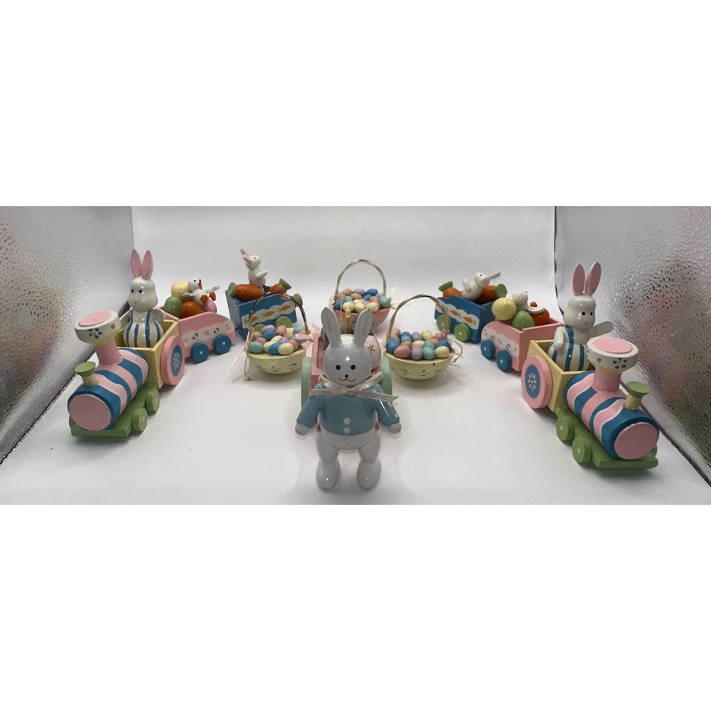 Vintage 1992 Dakin Silvestri Wooden Easter Train Bunny Basket Decor‎ Set Pastel